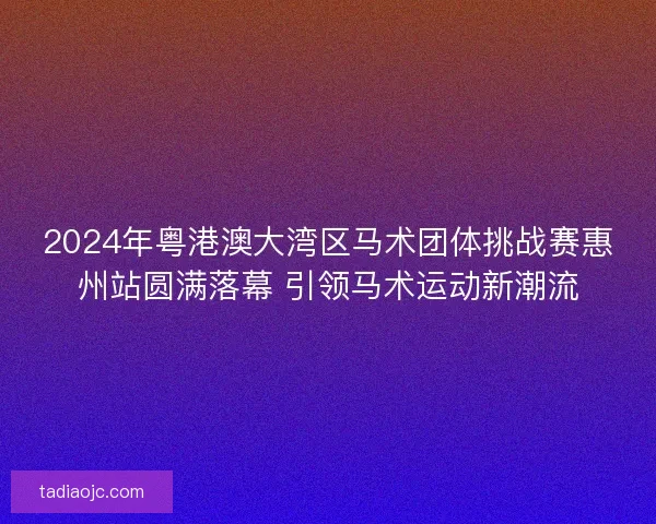 2024年粤港澳大湾区马术团体挑战赛惠州站圆满落幕 引领马术运动新潮流 2024年粤港澳大湾区马术团体挑战赛惠州站圆满落幕 引领马术运动新潮流