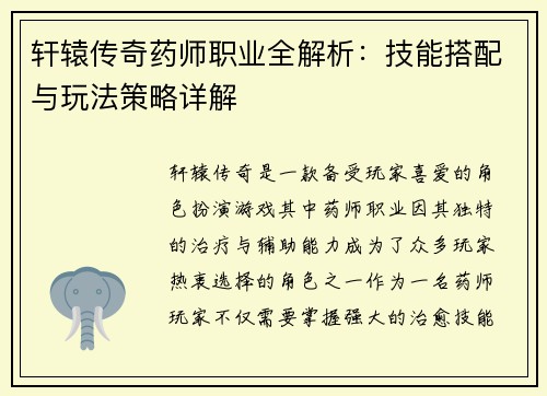 轩辕传奇药师职业全解析:技能搭配与玩法策略详解